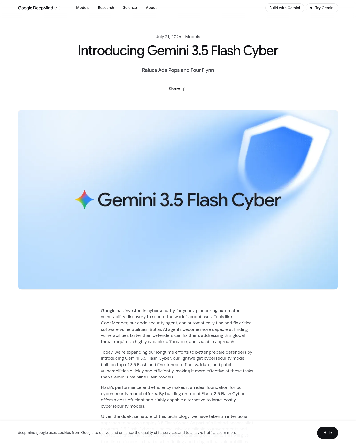 Official Google DeepMind announcement page for Gemini 3.5 Flash Cyber, showing its defender-focused positioning and benchmark section.