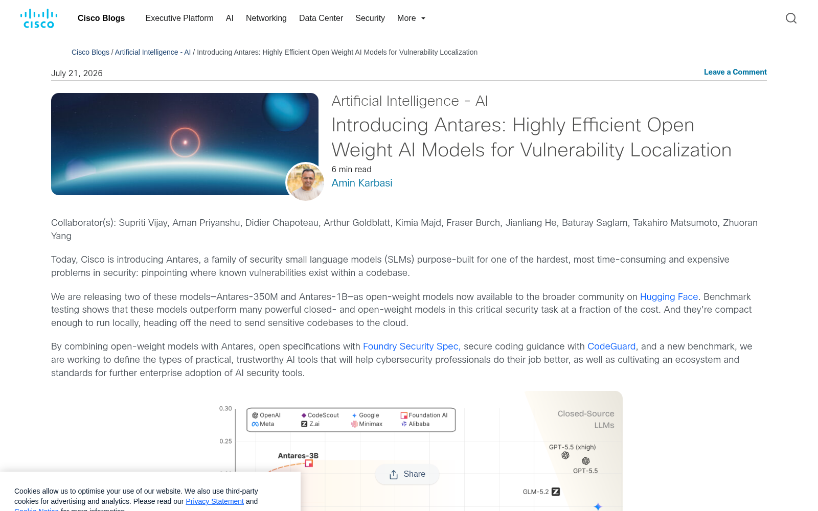 Cisco’s official Antares announcement page showing the July 21, 2026 release of Antares-350M and Antares-1B for vulnerability localization.