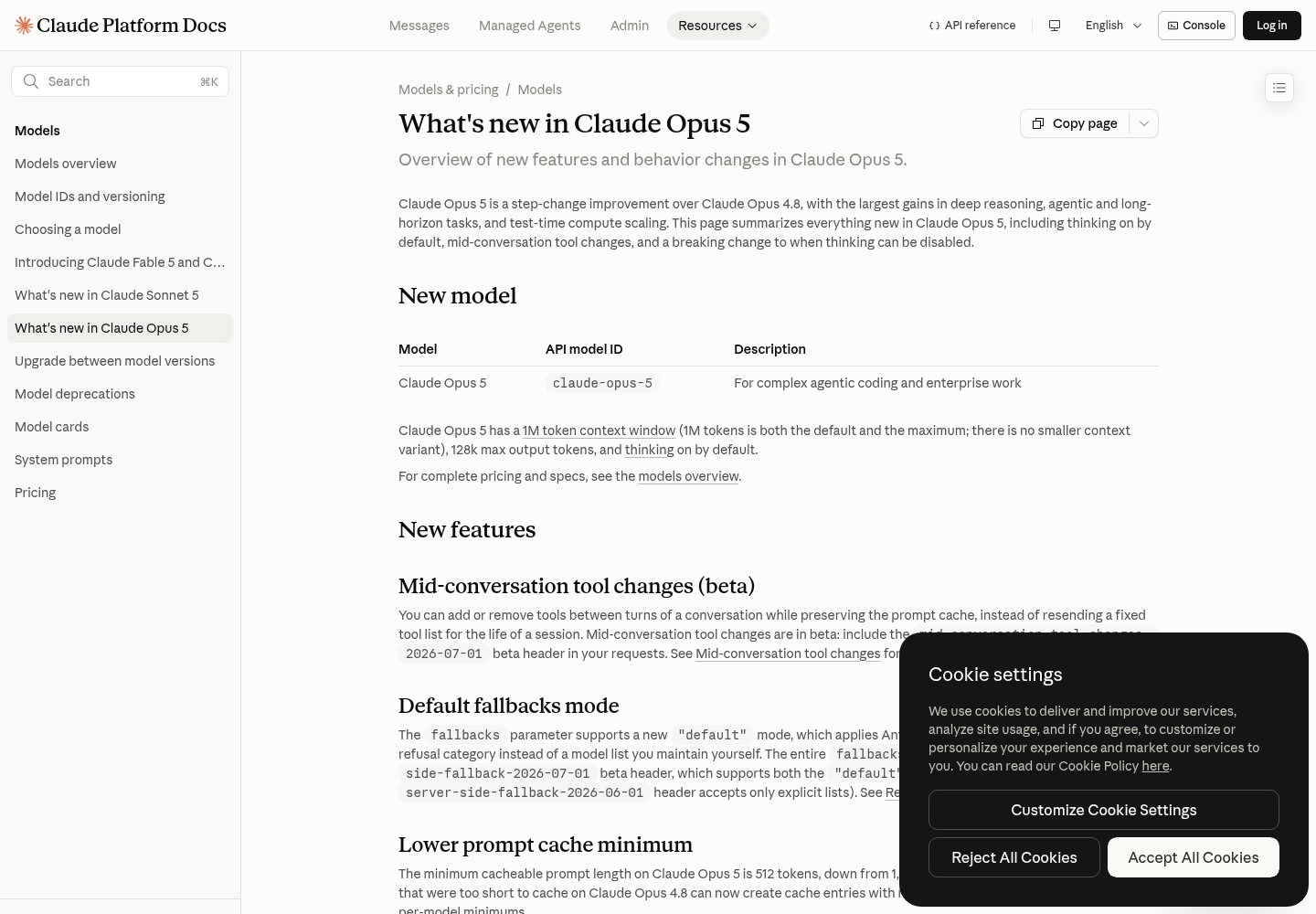 Claude Platform documentation page showing the new model ID, 1M context window, 128K output limit, and mid-conversation tool changes.