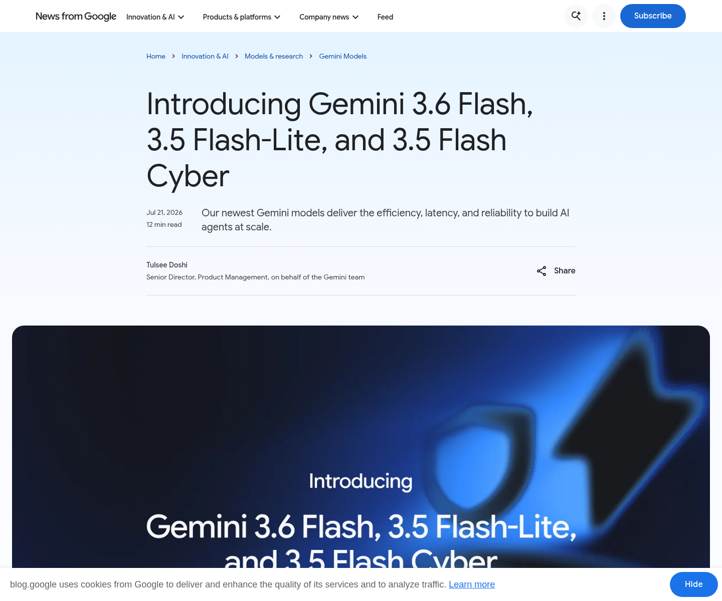 Google’s official Gemini 3.6 Flash announcement page showing the new Flash model lineup and developer availability.