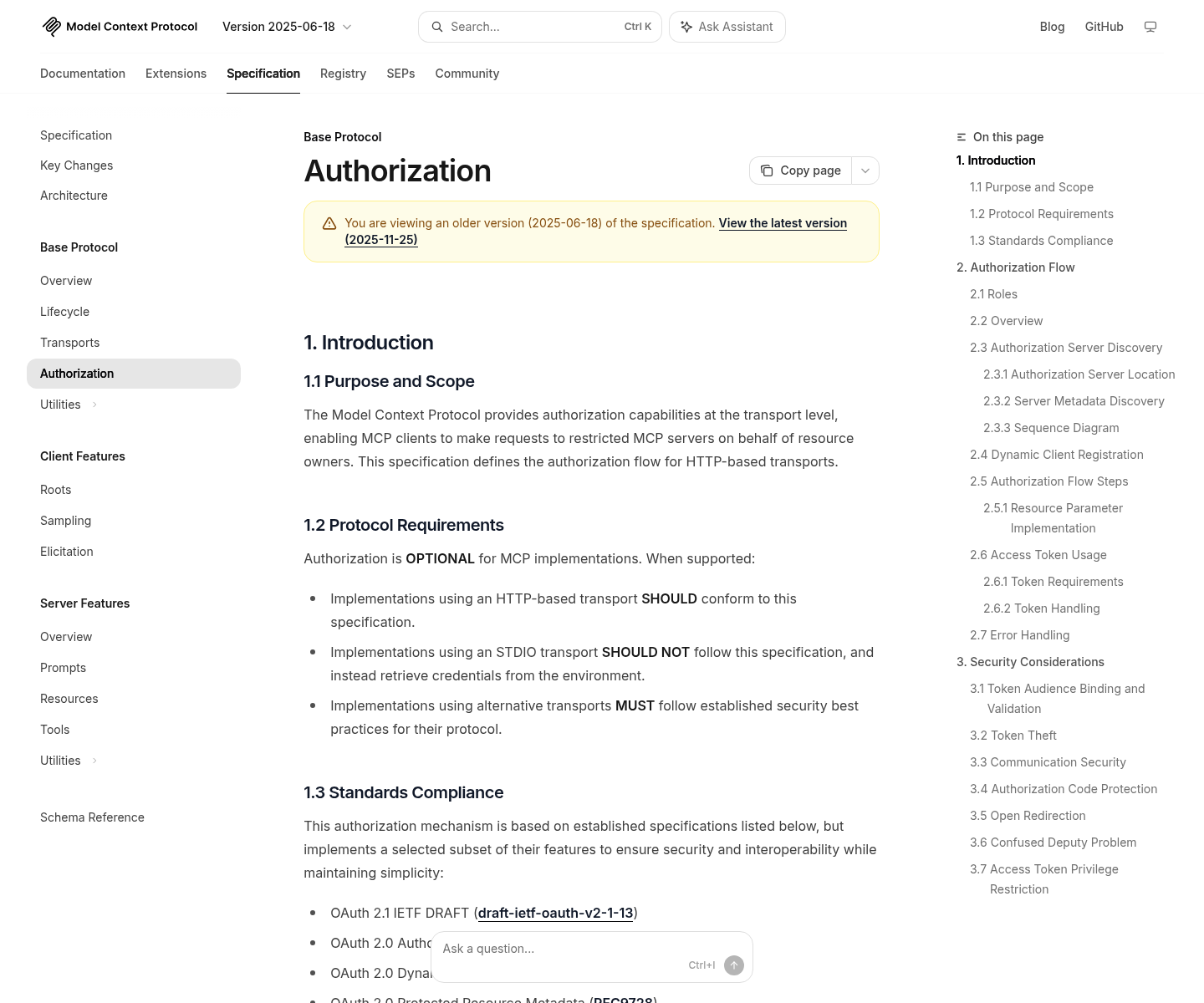 Official Model Context Protocol authorization specification page showing the HTTP authorization requirements, OAuth metadata standards, and security considerations.