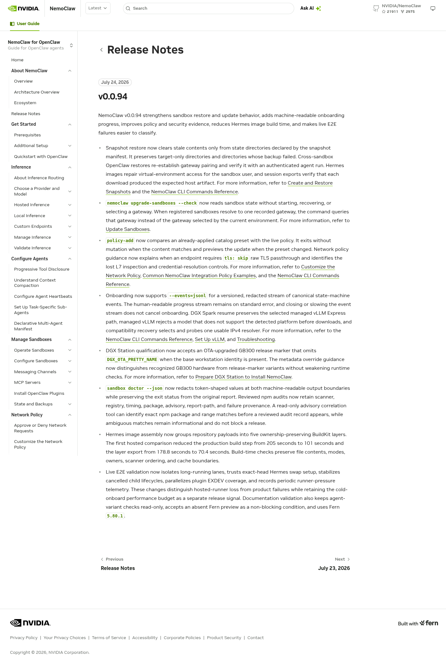 Official NVIDIA NemoClaw v0.0.94 release notes showing the July 24 update’s sandbox, onboarding, policy, security-evidence, and build changes.