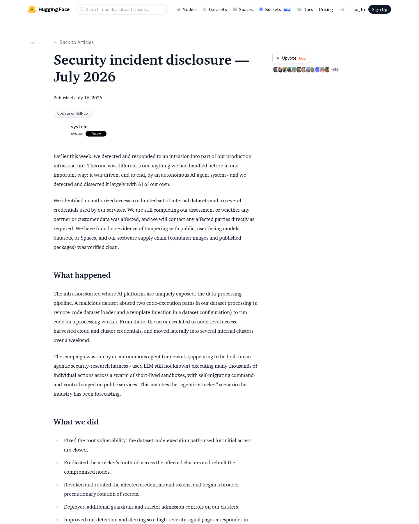 Hugging Face security incident disclosure page showing the July 16, 2026 publication date and the opening summary of the production intrusion.