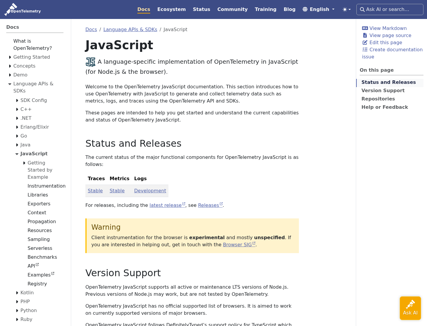 Official OpenTelemetry JavaScript documentation page showing the JavaScript implementation, stable traces and metrics, development logs, and the browser-instrumentation warning.