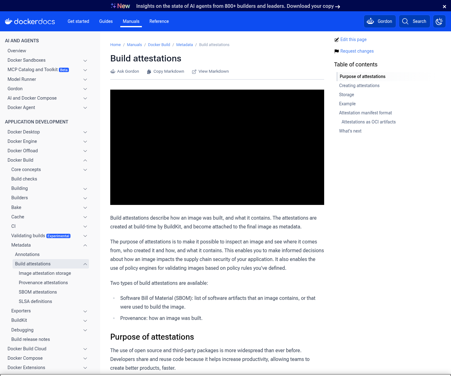 Official Docker Docs page describing build attestations, including SBOM and provenance metadata attached to an image.
