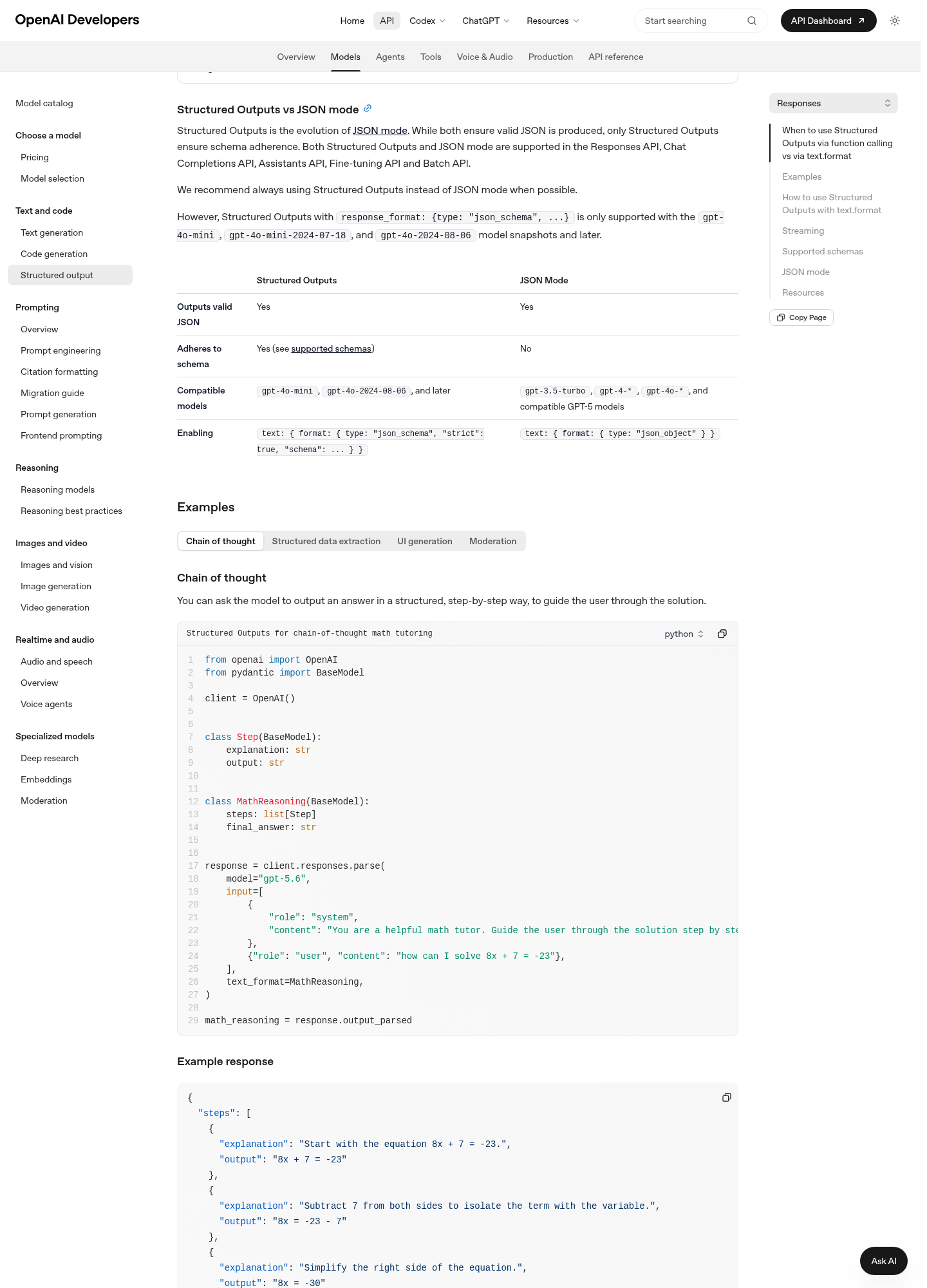 Official OpenAI documentation page showing Structured Outputs, JSON mode, and the schema-adherence comparison table.