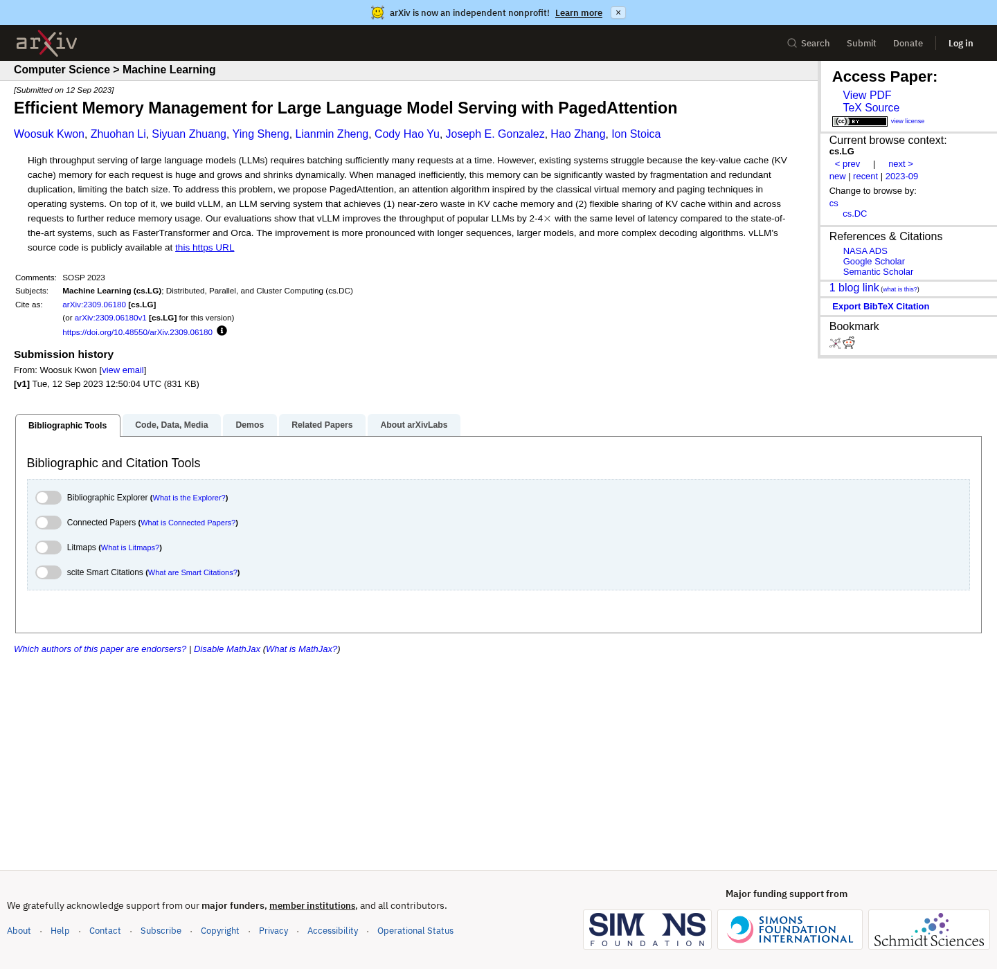 arXiv abstract page for the PagedAttention paper describing KV cache waste reduction and throughput gains.