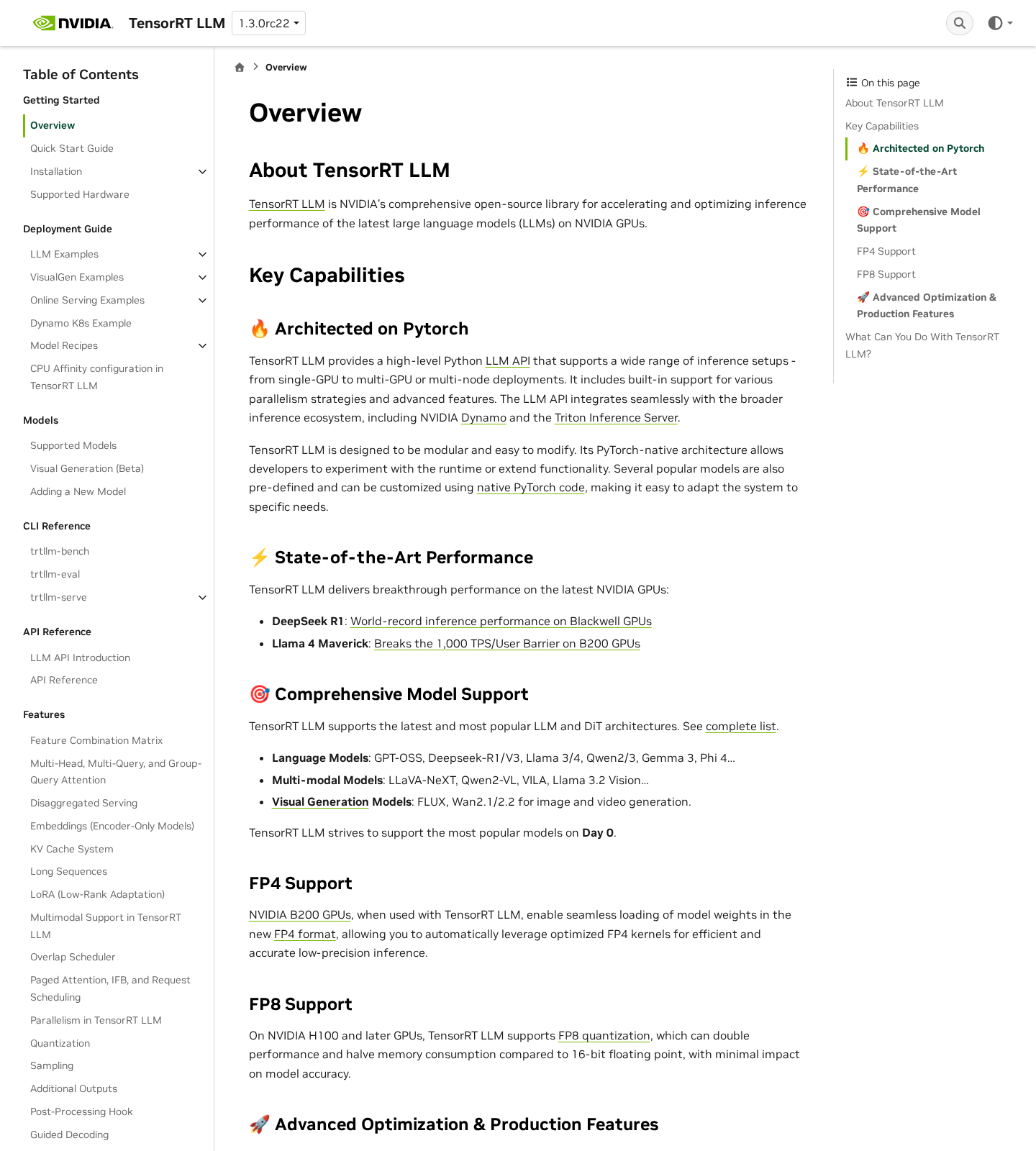 Official TensorRT-LLM overview page listing in-flight batching, paged attention, speculative decoding, and paged KV cache management.