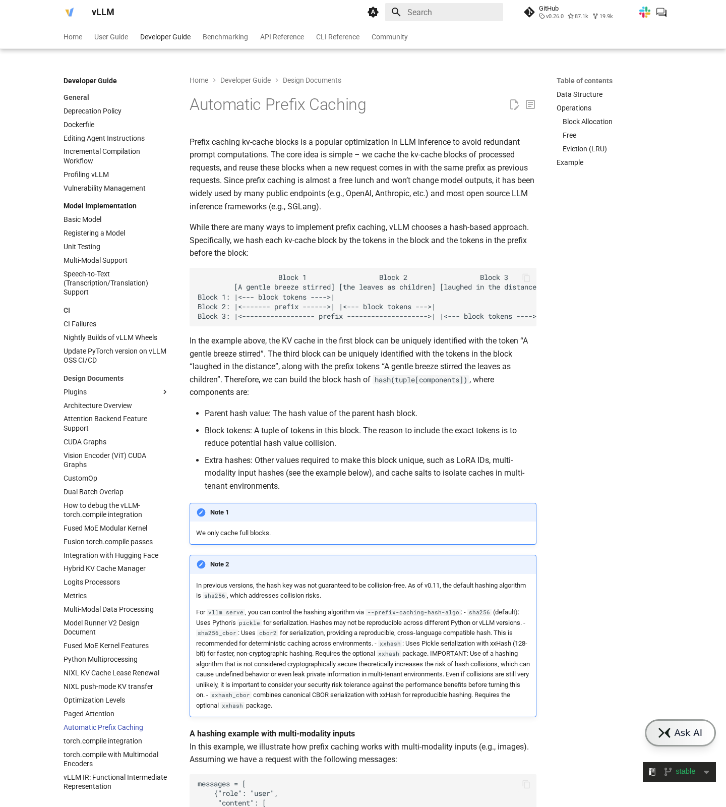 Official vLLM documentation page showing the automatic prefix caching design for shared prompt prefixes.